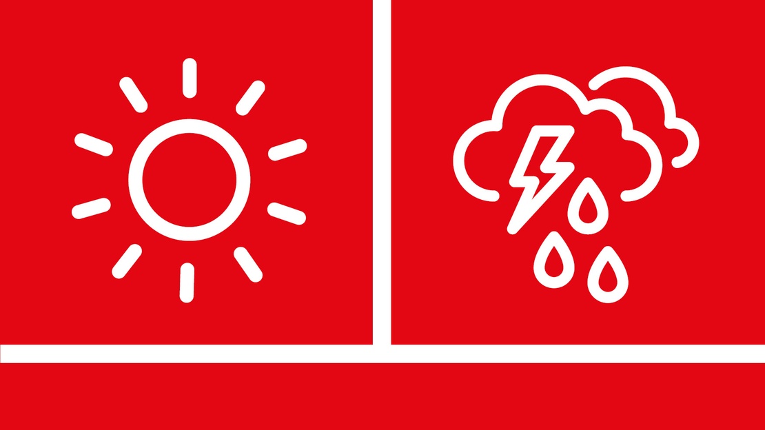 Sonne und Wolke mit Blitz und Regen werden dargestellt