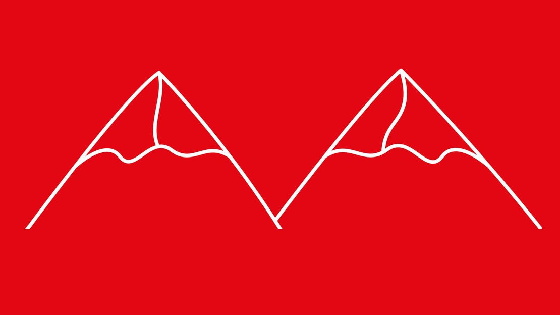 Die Umrisse von zwei Berggipfeln auf rotem Hintergrund werden angezeigt.