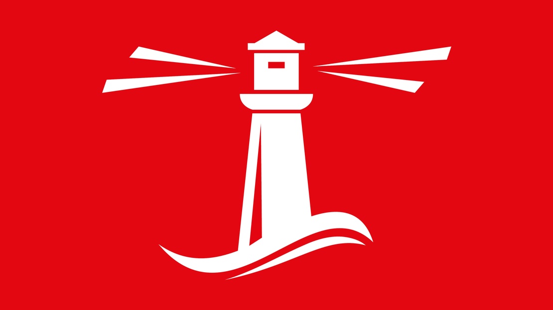 Leuchtturm als Grafik auf rotem Hintergrund