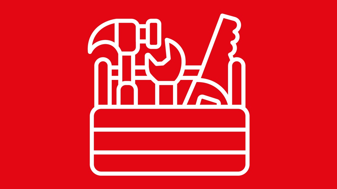 Werkzeugkiste mit Werkzeugen als Grafik auf rotem Hintergrund dargestellt