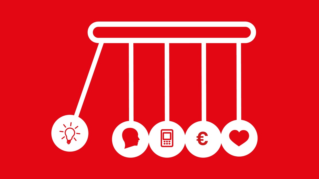 5 Kugeln mit Symbolen pendeln an einer Fläche